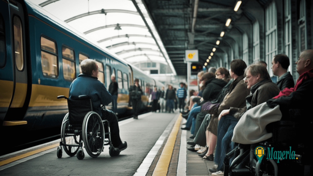 A disabled man in a wheelchair ready to travel on the metro.